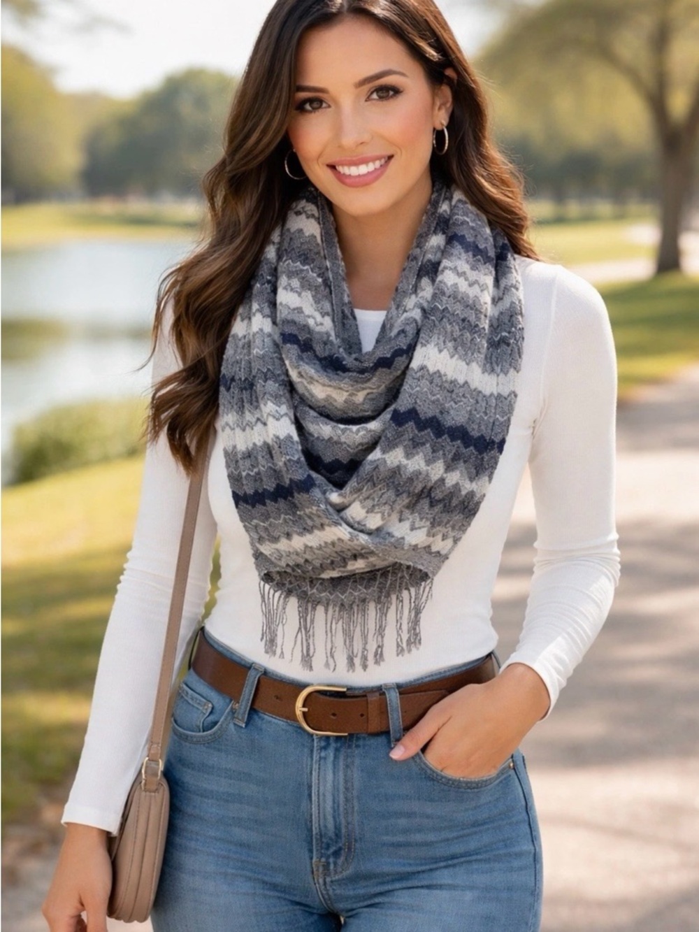 Boho Fringe Scarf Gray Chevron Lightweight Soft Wrap Shawl